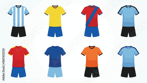 Colorful vector illustration set of international soccer team uniforms