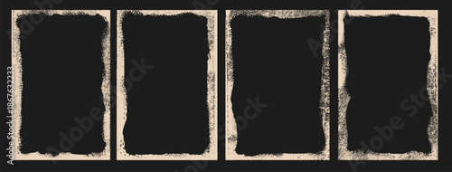 White grunge photo frames set with torn rough edges, retro rectangle borders for social media, brush drawn texture overlays, paint smears and snow effect. Isolated vector illustration background.