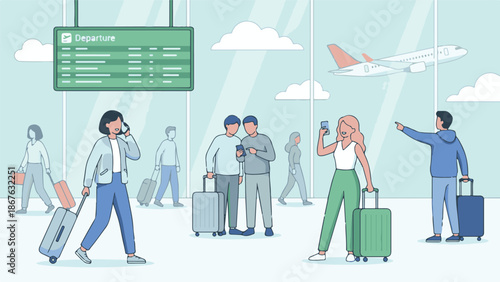 People at airport terminal with luggage, departure board, and airplane outside