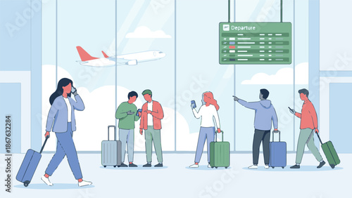 Travelers in airport lounge with luggage, using smartphones and checking flights