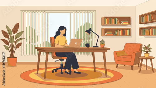 Woman working remotely on laptop in a cozy home office with plants