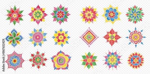 Colorful collection of geometric floral patterns and mandalas with vibrant colors.