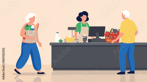 Elderly people shopping at a grocery store checkout with a cashier