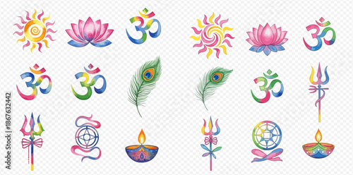 Watercolor set of Hindu and Buddhist spiritual symbols and elements, including Om, lotus, sun, peacock feather, and trident.