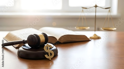 Judge Gavel with Golden Dollar Sign, Scales of Justice and Open Law Book on Wooden Table