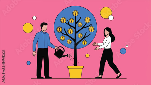 People watering a money tree, symbolizing financial investment and growth