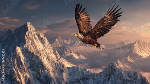 4K Bald eagle soaring over majestic snowcapped mountains at sunset with dramatic sky and golden light video
