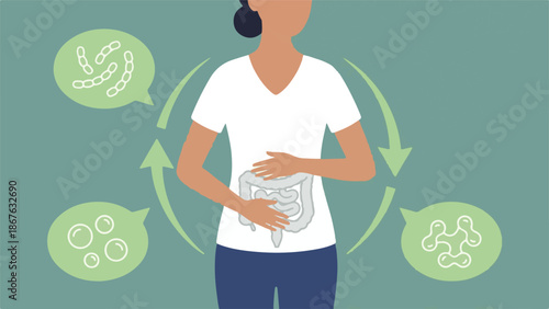 Woman showing gut microbiome cycle and digestive health concept