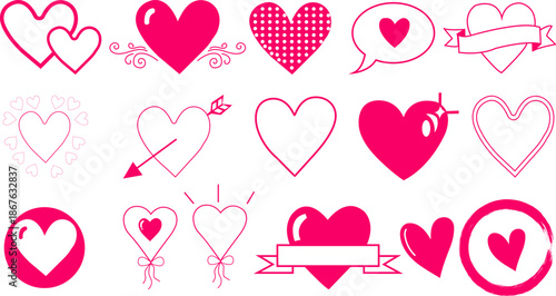 A vibrant collection of pink heart illustrations showcases diverse designs including outlines patterns balloons and playful elements for romantic or affectionate themes for valentine s day designs