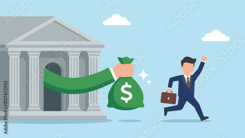 Businessman receives money bag from bank, symbolizing financial gain and success