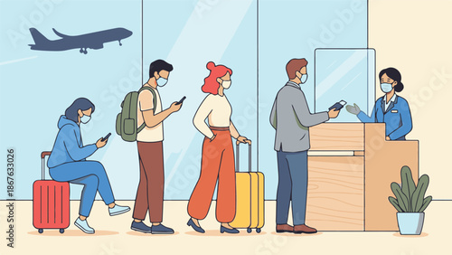 Passengers with face masks queuing at airport for check-in during pandemic