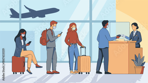 Airport check-in with passengers and staff wearing face masks