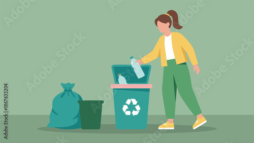 Eco-friendly woman recycling plastic bottles in a green bin