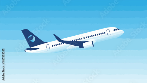 Modern commercial passenger airplane flying in a clear blue sky