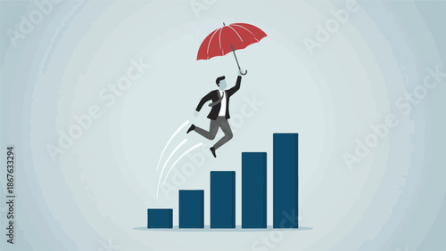 Businessman flying with red umbrella over financial growth bar chart