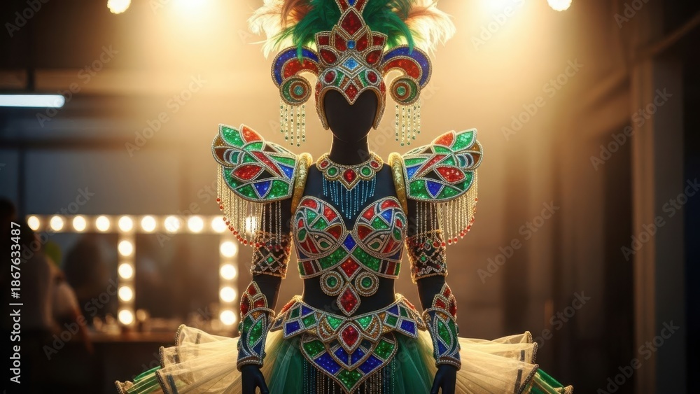 Fototapeta premium Ornate carnival costume with a feathered headdress on a mannequin. Elaborate show outfit with glitter and beads in a backstage dressing room before a festival performance