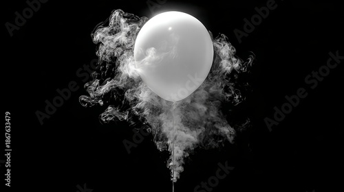 White balloon exploding in dramatic smoke on black background with high contrast lighting for advertising