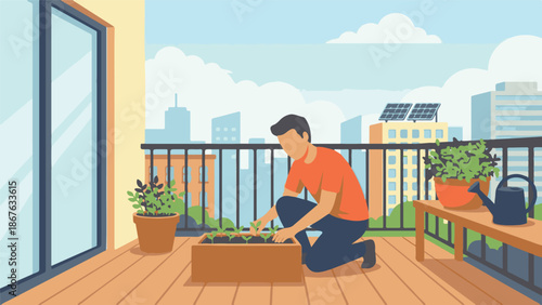 Young man planting seedlings in an urban balcony garden with city skyline