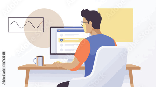 Focused Man Working on Computer with Online Tasks and Data Analysis