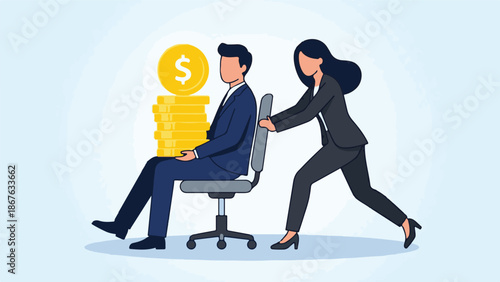 Businesswoman pushing a businessman carrying a stack of money on a chair