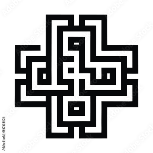 Abstract geometric cross-shaped maze symbol in black and white, creating a unique and intriguing visual pattern