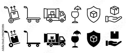 Set of black logistics and shipping icons in line and glyph styles showing delivery truck, fragile cargo, secure package, and dolly for freight services