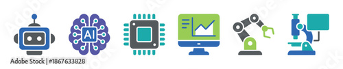 Set of colorful flat technology icons featuring a robot, AI brain, CPU, data chart, robotic arm, and microscope for science and automation concepts
