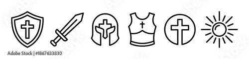 Set of Christian armor of God icons including a shield, sword, helmet, and breastplate, depicted in a minimalist black outline style for religious concepts