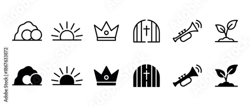 Set of Christian Easter story icons in line and glyph styles depicting the empty tomb, sunrise, crown, trumpet, and new life sprout