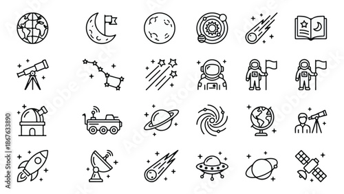 Space and Astronomy Line Icons Set for Cosmic Exploration and Science
