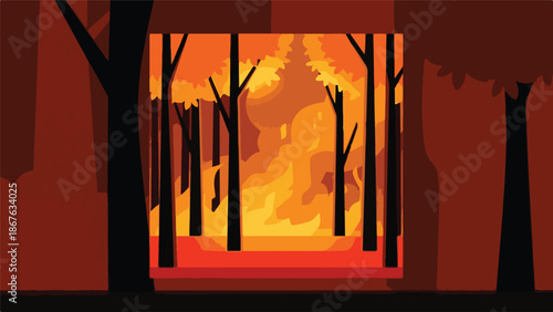 Stylized illustration of a forest fire with trees engulfed in flames and smoke