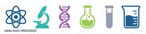 Colorful science and laboratory vector icons set including an atom, microscope, DNA helix, flask, test tube, and beaker, arranged in a row and