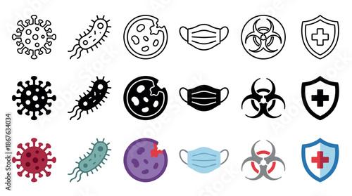 Collection of medical and pandemic icons in three different styles: outline, solid glyph, and flat color, featuring virus, bacteria, mask, and biohazard symbols on