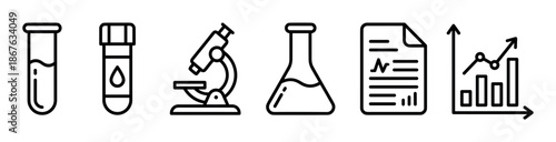 Set of six black line icons for laboratory and medical analysis including a test tube, blood sample, microscope, flask, report, and chart