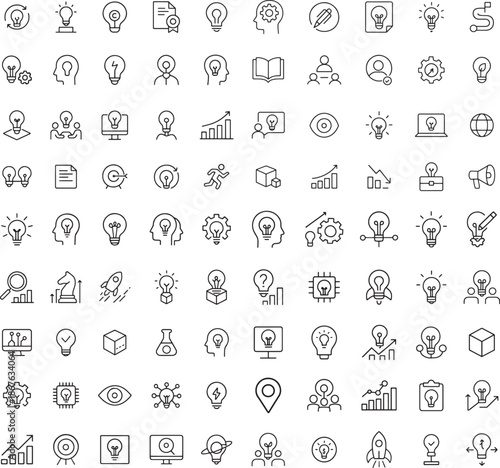 Innovation business line icon set and strategy outline vector symbols for creative work