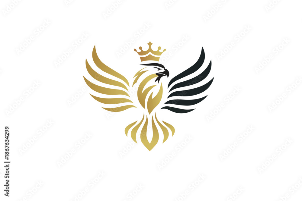 Obraz premium Elegant crowned eagle logo design in majestic gold and dark tones, symbolizing power, luxury, and prestige, perfect for sophisticated branding and corporate identity