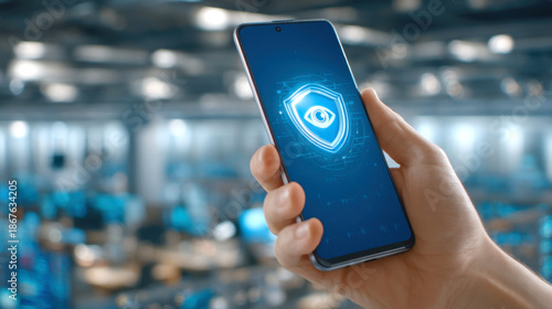 Hand holding smartphone with digital eye shield icon representing privacy protection and security in modern office environment