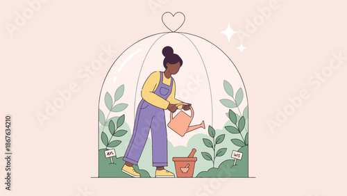 Woman nurturing plants in a protective dome, concept of growth and well-being