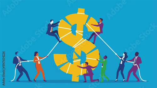 Business team collaborating to reassemble a broken dollar sign, symbolizing economic recovery