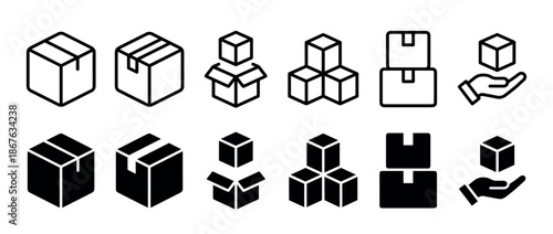 Set of black box and package icons in line art and glyph styles for delivery and shipping concepts, a minimalist vector collection
