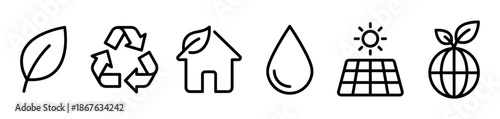 Set of black line ecology icons representing sustainability, recycling, eco house, water, solar energy, and green planet, a minimalist vector illustration