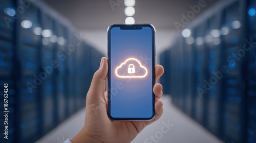 Cloud backup security concept with hand holding smartphone showing locked cloud icon, modern data center corridor