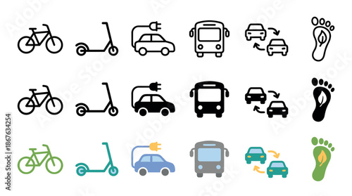 Eco-friendly transportation icon set with bicycle, electric scooter, EV car, bus, car sharing, and carbon footprint symbols in three different styles: outline, solid, and color