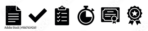 Black business compliance and quality control icon set with document, checkmark, clipboard, stopwatch, certificate, and award medal symbols