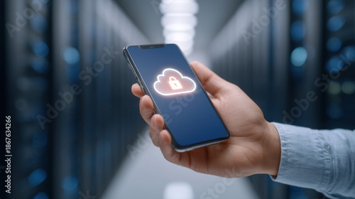 Cloud lock icon on smartphone screen held by hand in server room expressing secure data access