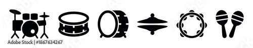 Set of black musical percussion instrument icons featuring a drum kit, snare, bass drum, cymbal, tambourine, and maracas in a simple glyph style