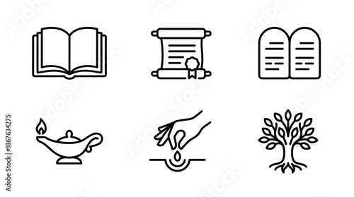 Set of black biblical line icons representing faith and spirituality, including a holy book, scroll, commandments, oil lamp, planting a seed, and a tree of life