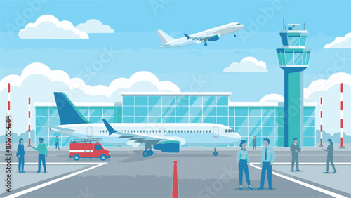 Airport Operations with Commercial Aircraft, Control Tower, and Personnel