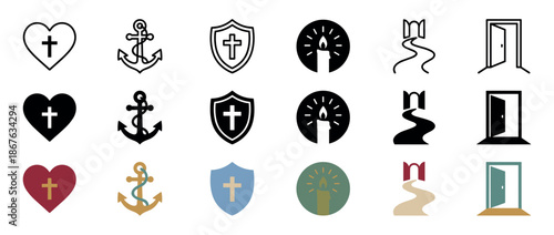 Set of Christian religious and spiritual icons including heart, cross, anchor, shield, candle, path, and door in line, glyph, and color styles