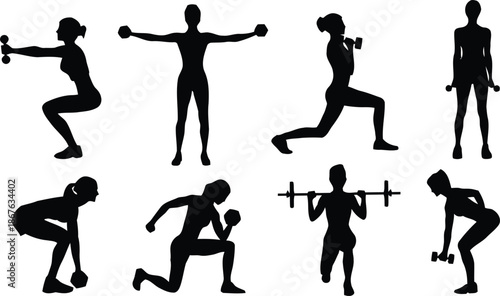 silhouette, woman, weight training, fitness, exercise, gym, bodybuilding, health, lifestyle, healthy, sport, activity, graphic, illustration, vector, design, element, print, web, mobile, infographic, 